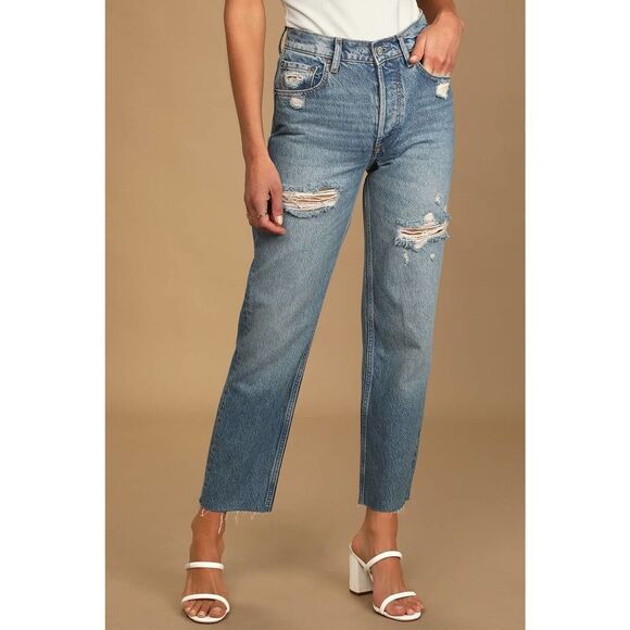 REVOLVE Denim - Boyish The Tommy Medium Wash Distressed High Rise Straight Jeans 26